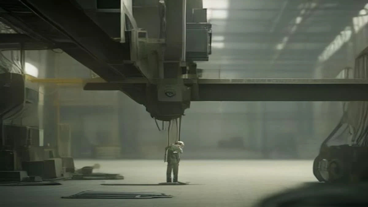 slight low angle of a factory production line with machinery and a worker in a hard hat checking output, soft morning light — illustrative photograph for this article